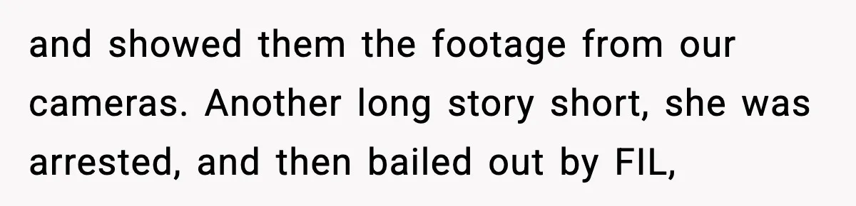 and showed them the footage from our cameras. Another long story short, she was arrested, and then bailed out by FIL,
