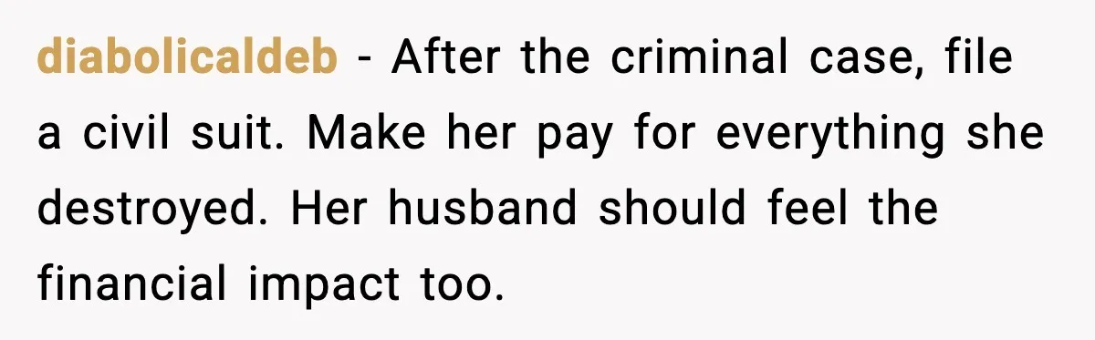 diabolicaldeb - After the criminal case, file a civil suit. Make her pay for everything she destroyed. Her husband should feel the financial impact too.