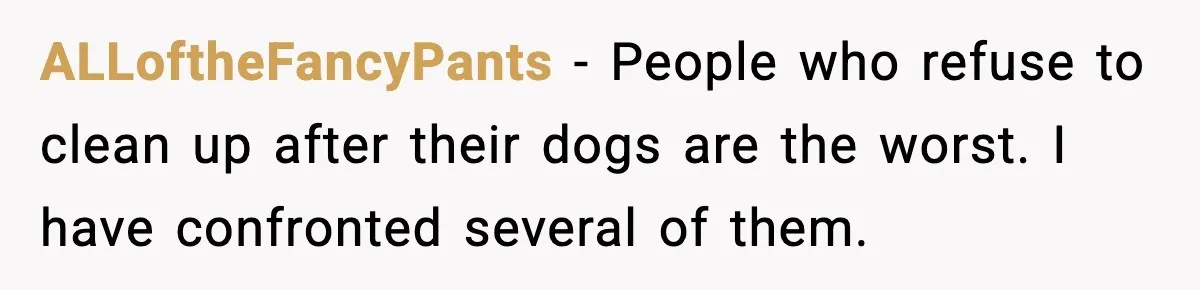 ALLoftheFancyPants - People who refuse to clean up after their dogs are the worst. I have confronted several of them.