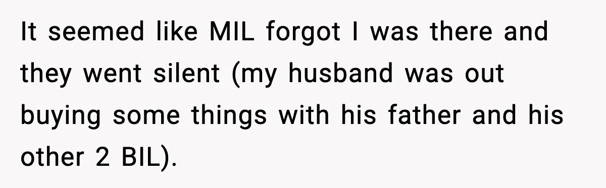 It seemed like MIL forgot I was there and they went silent (my husband was out buying some things with his father and his other 2 BIL).