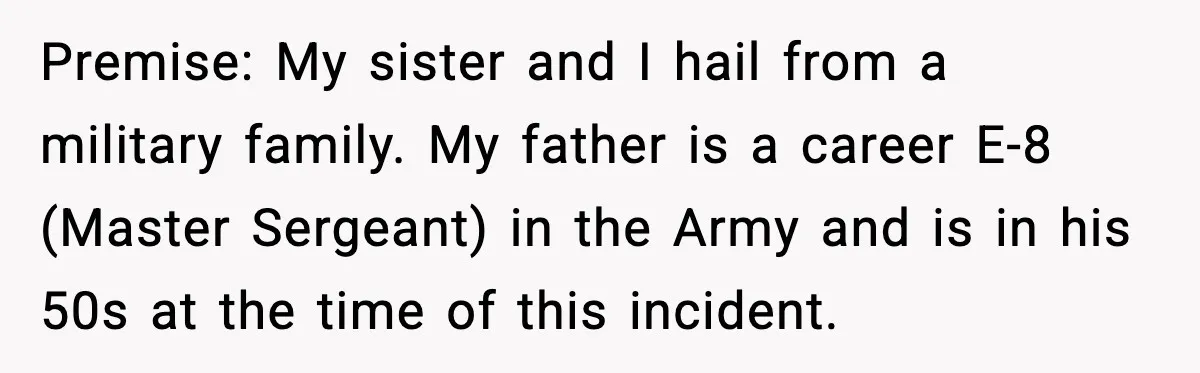 Man Tries to Flex Rank on Veteran, Walks Straight Into Trouble Premise: My sister and I hail from a military family. My father is a career E-8 (Master Sergeant) in the Army and is in his 50s at the time of...