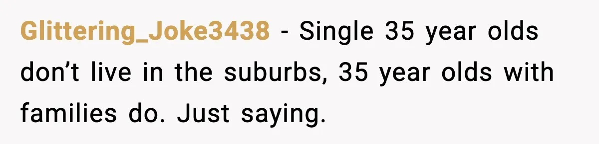 Woman Gets Frustrated With Boyfriend Complaining About Her Budget Apartment And Calls Him Out For Being Out Of Touch Glittering_Joke3438 − Single 35 year olds don’t live in the suburbs, 35 year olds with families do. Just saying.
