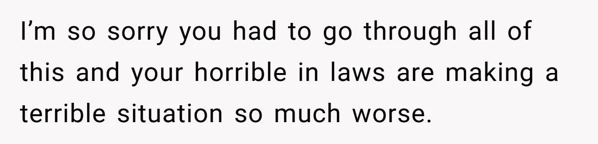 I’m so sorry you had to go through all of this and your horrible in laws are making a terrible situation so much worse.
