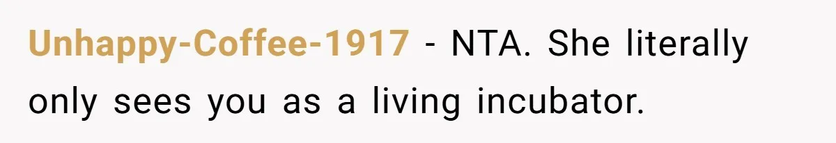 Unhappy-Coffee-1917 − NTA. She literally only sees you as a living incubator.