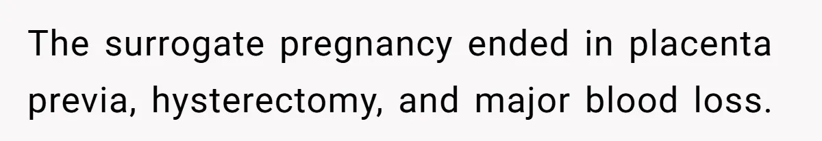 The surrogate pregnancy ended in placenta previa, hysterectomy, and major blood loss.