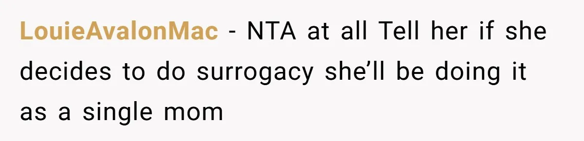 LouieAvalonMac − NTA at all Tell her if she decides to do surrogacy she’ll be doing it as a single mom