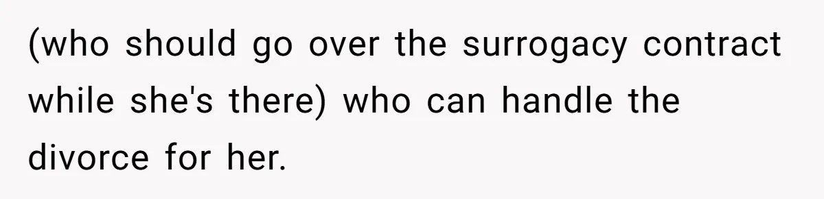 (who should go over the surrogacy contract while she's there) who can handle the divorce for her.
