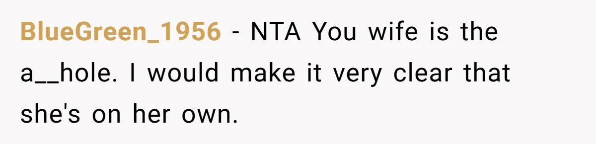 BlueGreen_1956 − NTA You wife is the a__hole. I would make it very clear that she's on her own.