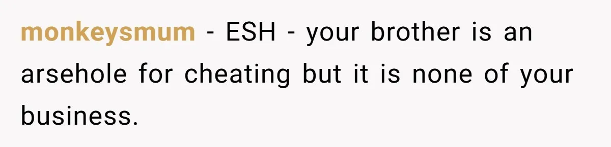 monkeysmum − ESH - your brother is an arsehole for cheating but it is none of your business.