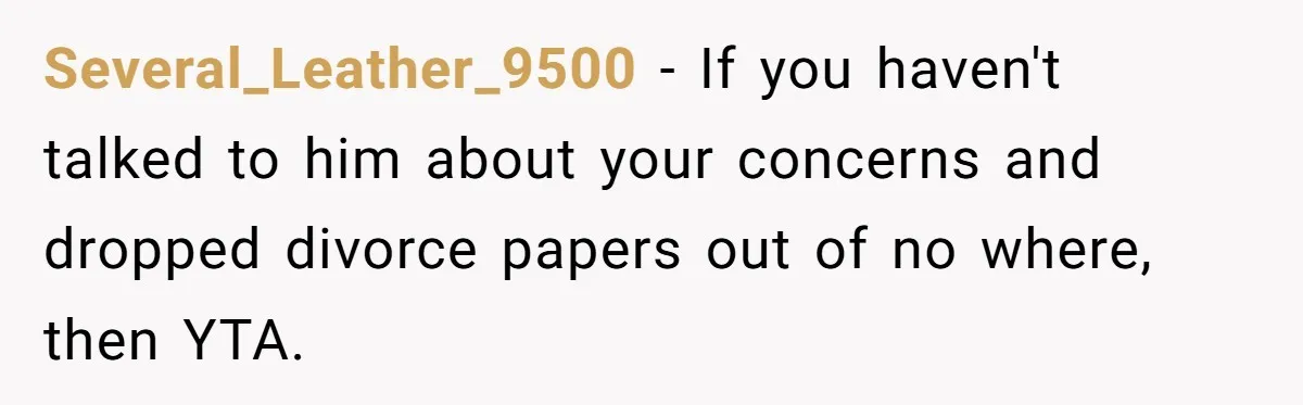 Several_Leather_9500 − If you haven't talked to him about your concerns and dropped divorce papers out of no where, then YTA.