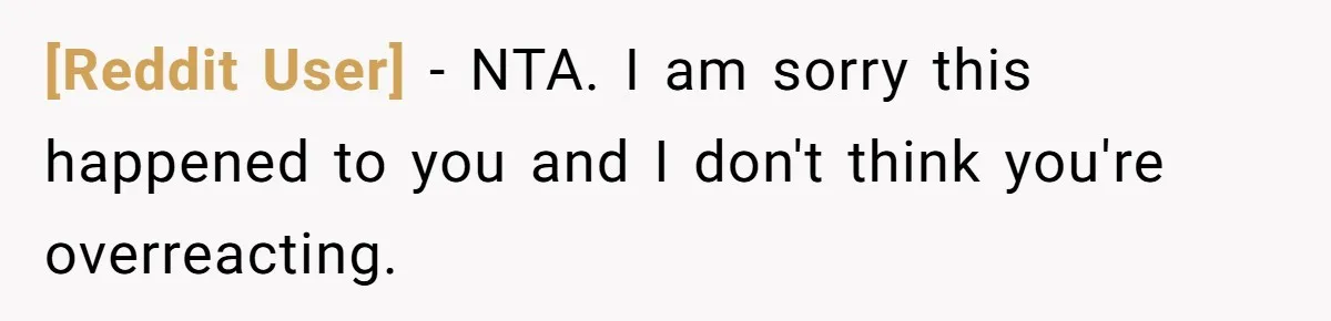 [Reddit User] − NTA. I am sorry this happened to you and I don't think you're overreacting.