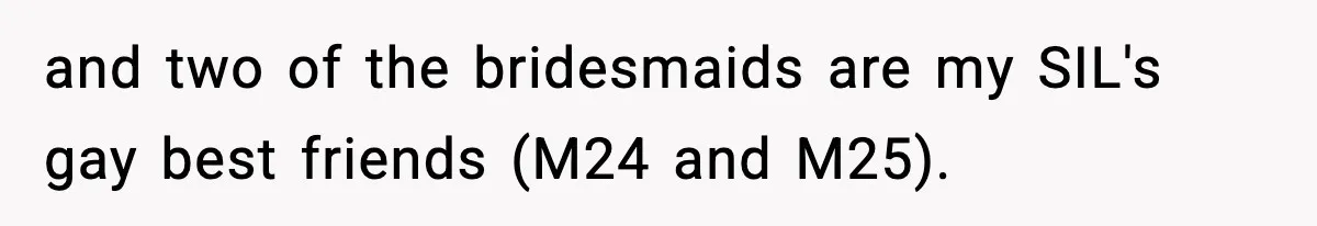 and two of the bridesmaids are my SIL's gay best friends (M24 and M25).