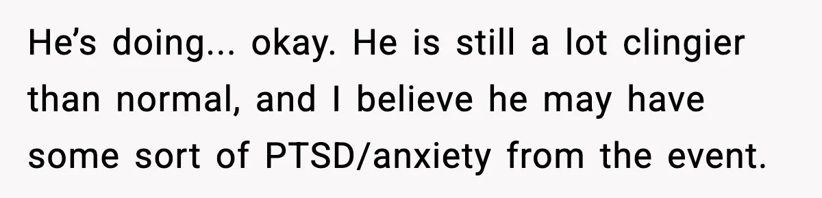 Grandma Told Kids Their Parents Were Passed Away, Then Claimed It “Did No Harm” He’s doing... okay. He is still a lot clingier than normal, and I believe he may have some sort of PTSD/anxiety from the event.