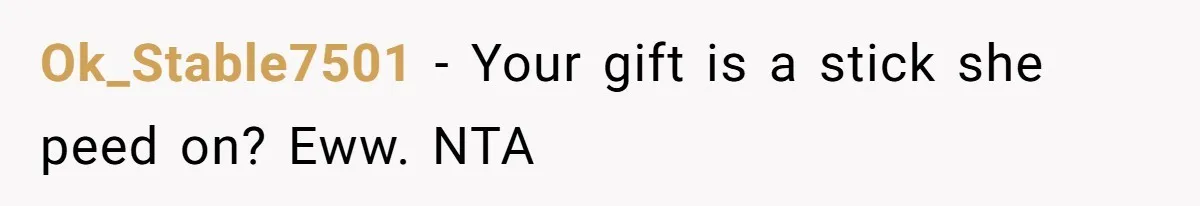Ok_Stable7501 − Your gift is a stick she peed on? Eww. NTA