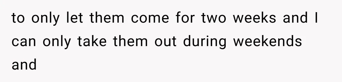 Man Thought He Married His Soulmate, Now Her Rules Make Him Question Everything to only let them come for two weeks and I can only take them out during weekends and