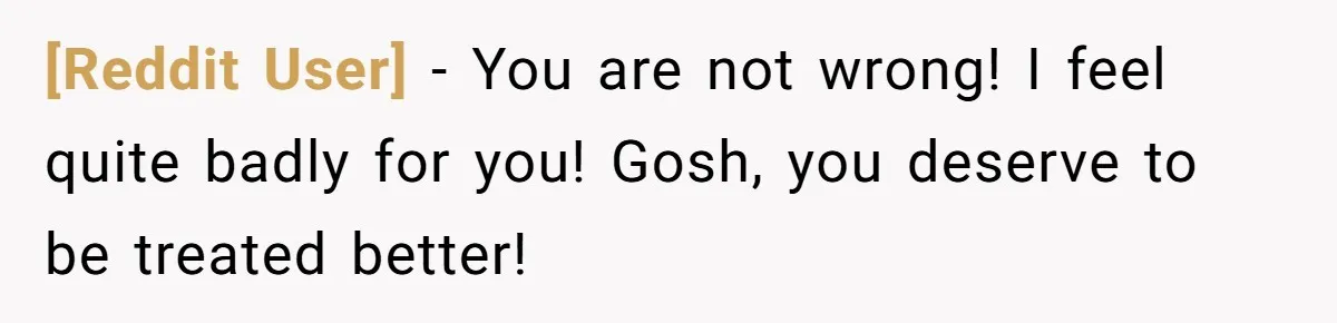[Reddit User] − You are not wrong! I feel quite badly for you! Gosh, you deserve to be treated better!