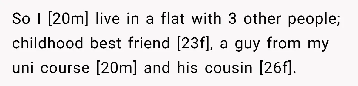 So I [20m] live in a flat with 3 other people; childhood best friend [23f], a guy from my uni course [20m] and his cousin [26f].