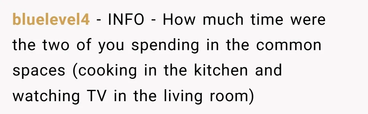 Roommates Ban One Man’s Boyfriend From Visiting, But Everyone Else’s Partner Is Fine bluelevel4 − INFO - How much time were the two of you spending in the common spaces (cooking in the kitchen and watching TV in the living room)