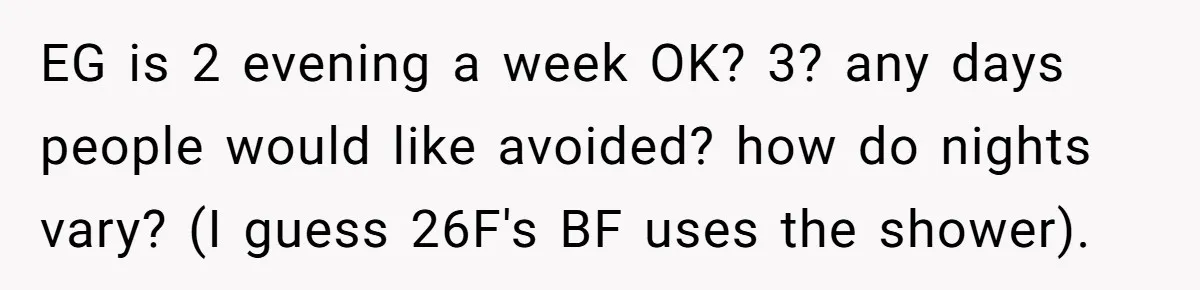 Roommates Ban One Man’s Boyfriend From Visiting, But Everyone Else’s Partner Is Fine EG is 2 evening a week OK? 3? any days people would like avoided? how do nights vary? (I guess 26F's BF uses the shower).