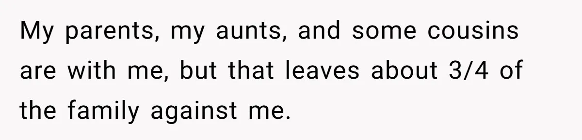 My parents, my aunts, and some cousins are with me, but that leaves about 3/4 of the family against me.