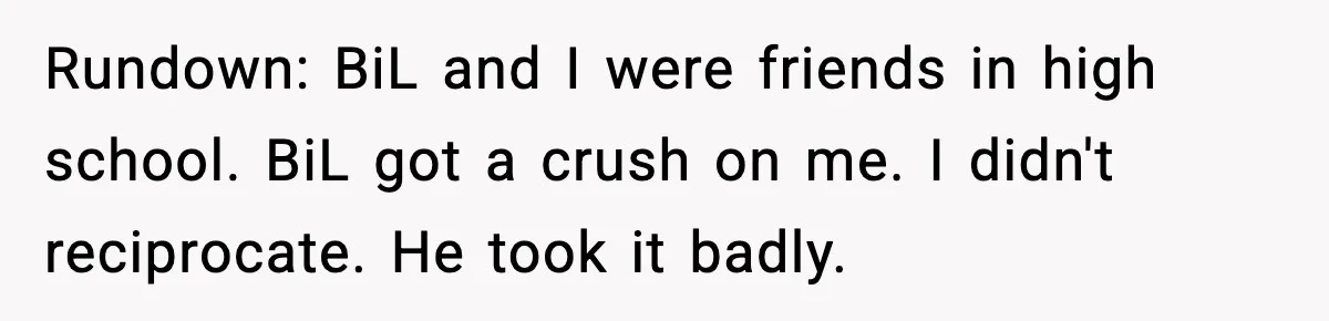MIL Tries To Rewrite Family History By Telling Child Her Uncle Is “Daddy” Rundown: BiL and I were friends in high school. BiL got a crush on me. I didn't reciprocate. He took it badly.