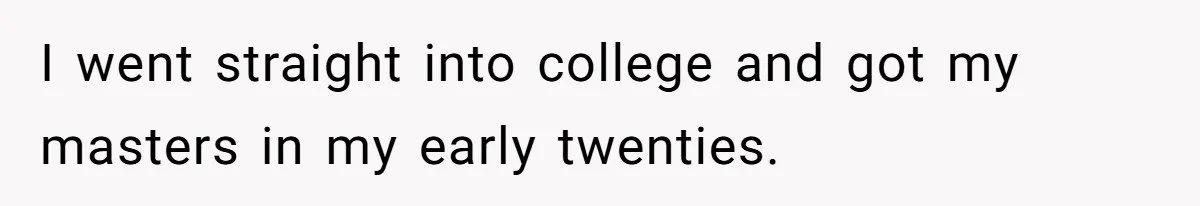 I went straight into college and got my masters in my early twenties.