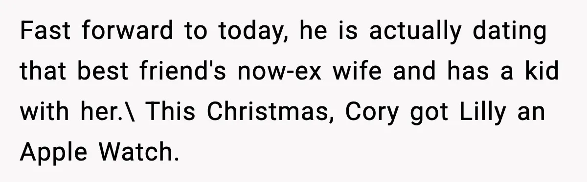 Mom Laughs At Elephant Emoji Joke About Ex, Reddit Says It Went Too Far Fast forward to today, he is actually dating that best friend's now-ex wife and has a kid with her.\ This Christmas, Cory got Lilly an Apple Watch.