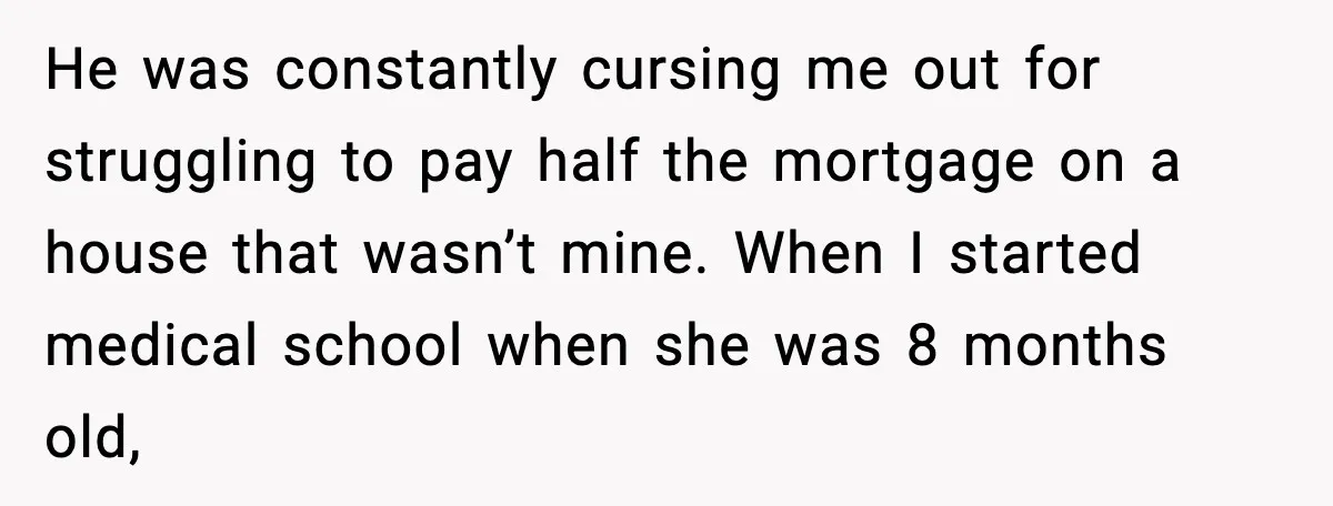 Mom Laughs At Elephant Emoji Joke About Ex, Reddit Says It Went Too Far He was constantly cursing me out for struggling to pay half the mortgage on a house that wasn’t mine. When I started medical school when she was 8 months old,