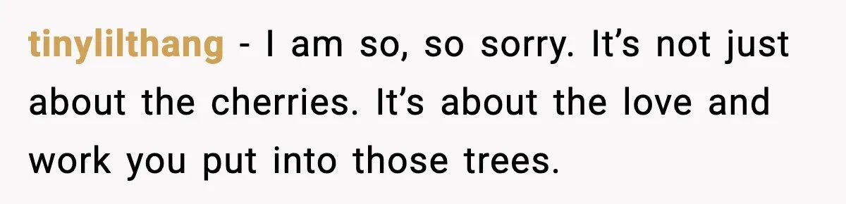 Gardener Devastated After MIL Harvests Entire Cherry Crop While She Was At Work tinylilthang - I am so, so sorry. It’s not just about the cherries. It’s about the love and work you put into those trees.