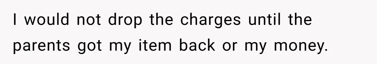 I would not drop the charges until the parents got my item back or my money.