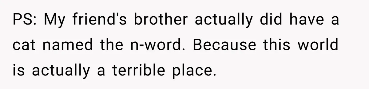 PS: My friend's brother actually did have a cat named the n-word. Because this world is actually a terrible place.