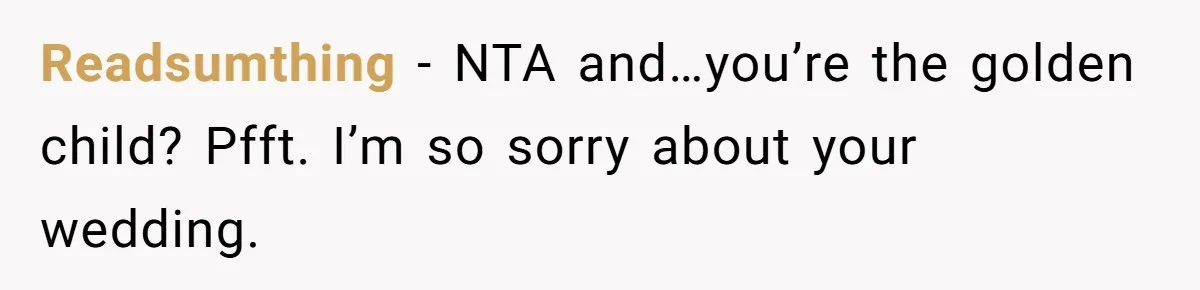 Readsumthing − NTA and…you’re the golden child? Pfft. I’m so sorry about your wedding.