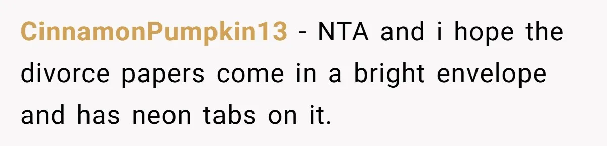 CinnamonPumpkin13 − NTA and i hope the divorce papers come in a bright envelope and has neon tabs on it.
