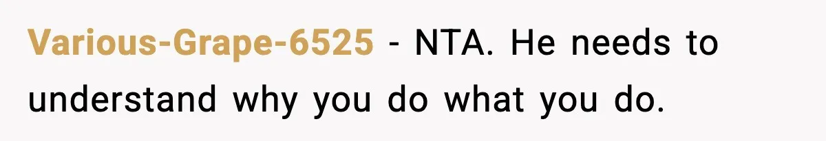 Various-Grape-6525 - NTA. He needs to understand why you do what you do.