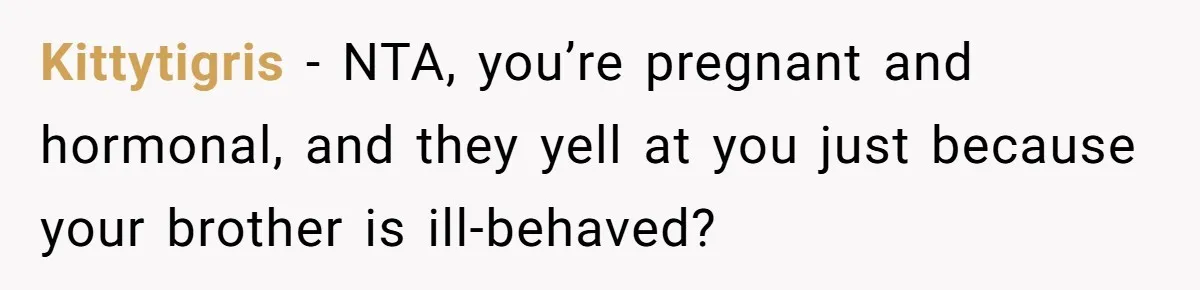 Autistic Brother Keeps Pregnant Sister Awake All Night, Family Says She Overreacted Kittytigris − NTA, you’re pregnant and hormonal, and they yell at you just because your brother is ill-behaved?