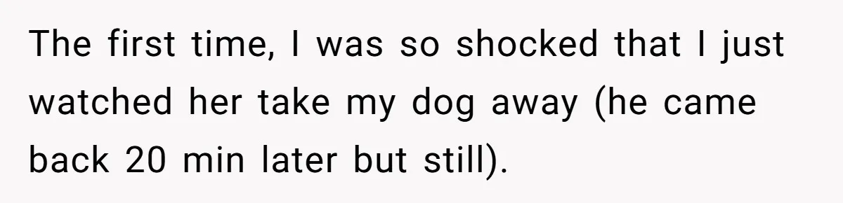 The first time, I was so shocked that I just watched her take my dog away (he came back 20 min later but still).