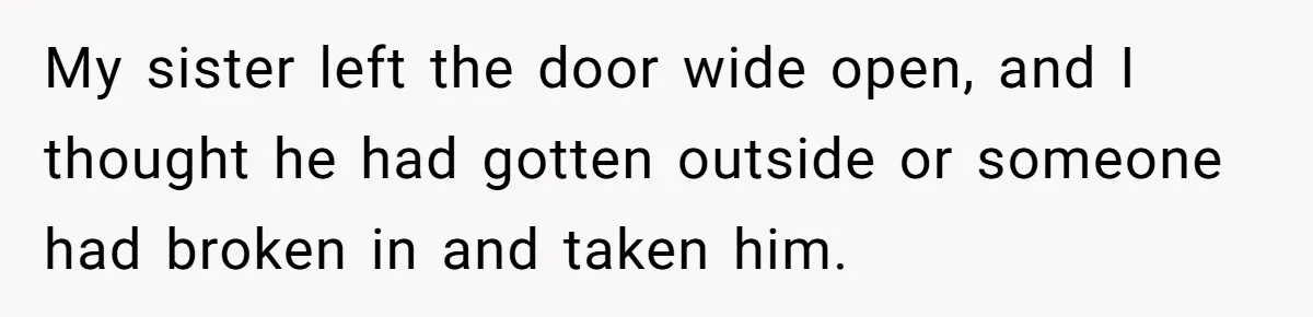 My sister left the door wide open, and I thought he had gotten outside or someone had broken in and taken him.
