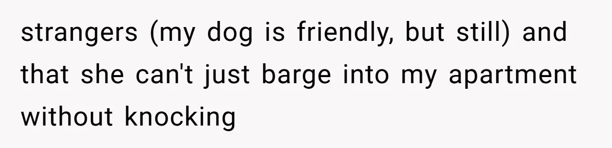 strangers (my dog is friendly, but still) and that she can't just barge into my apartment without knocking