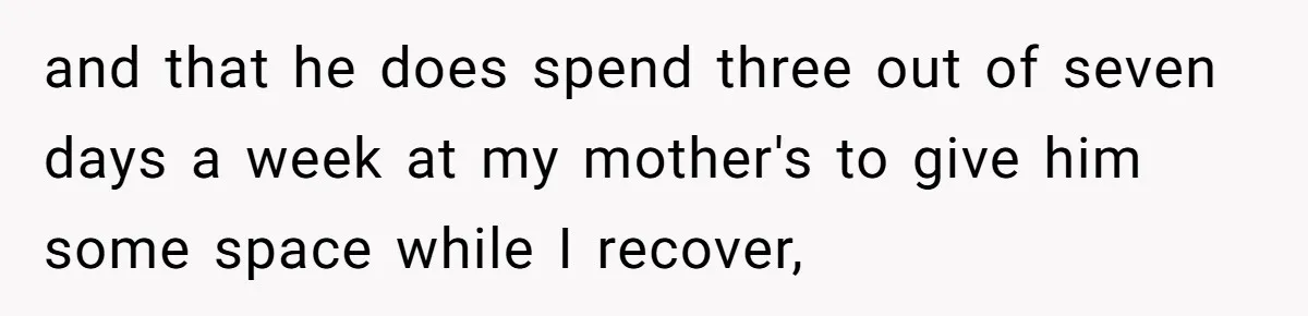 and that he does spend three out of seven days a week at my mother's to give him some space while I recover,