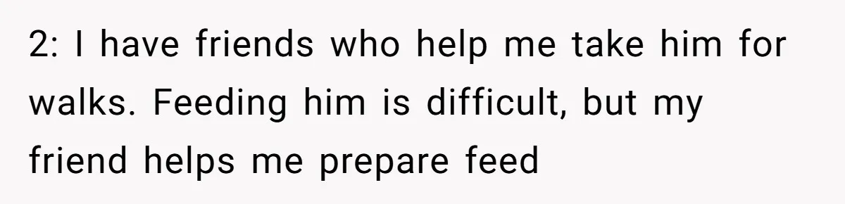 2: I have friends who help me take him for walks. Feeding him is difficult, but my friend helps me prepare feed
