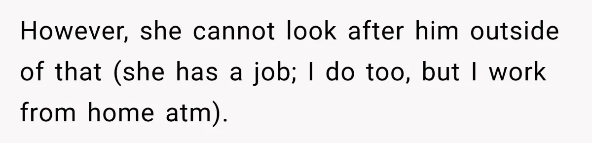 However, she cannot look after him outside of that (she has a job; I do too, but I work from home atm).