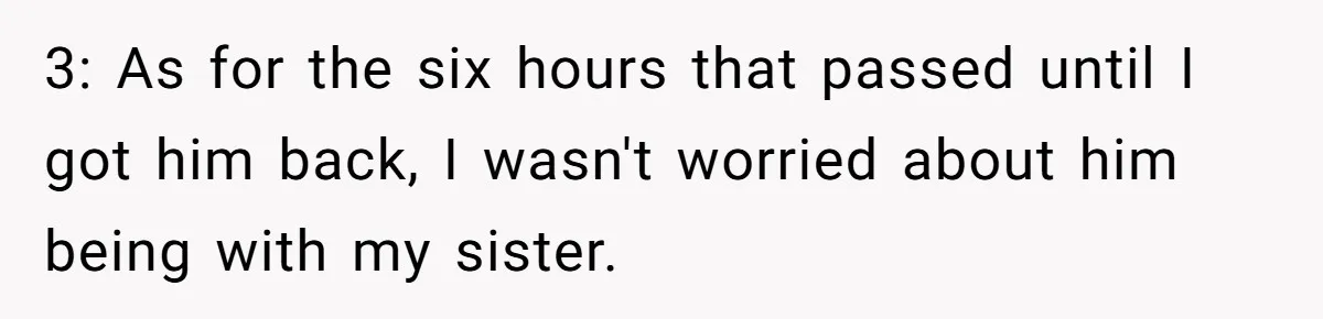 3: As for the six hours that passed until I got him back, I wasn't worried about him being with my sister.