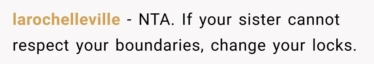 larochelleville − NTA. If your sister cannot respect your boundaries, change your locks.