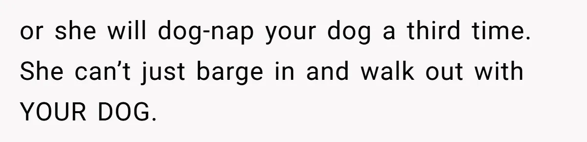or she will dog-nap your dog a third time. She can’t just barge in and walk out with YOUR DOG.
