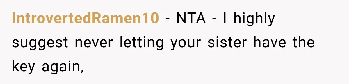 IntrovertedRamen10 − NTA - I highly suggest never letting your sister have the key again,
