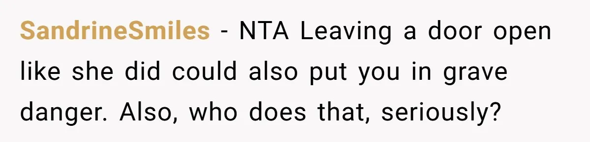 SandrineSmiles − NTA Leaving a door open like she did could also put you in grave danger. Also, who does that, seriously?