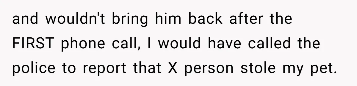 and wouldn't bring him back after the FIRST phone call, I would have called the police to report that X person stole my pet.
