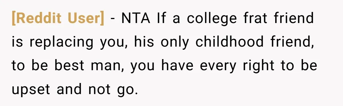 [Reddit User] − NTA If a college frat friend is replacing you, his only childhood friend, to be best man, you have every right to be upset and not go.