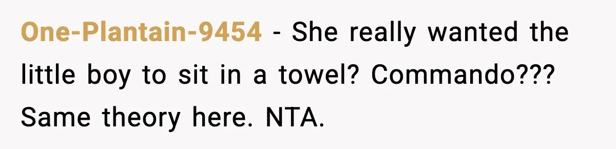 Dad Gives Embarrassed Boy His Daughter’s Pants, Wife Calls It a Huge Mistake One-Plantain-9454 - She really wanted the little boy to sit in a towel? Commando??? Same theory here. NTA.