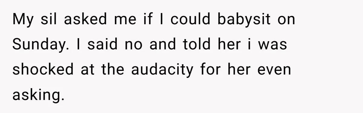 My sil asked me if I could babysit on Sunday. I said no and told her i was shocked at the audacity for her even asking.